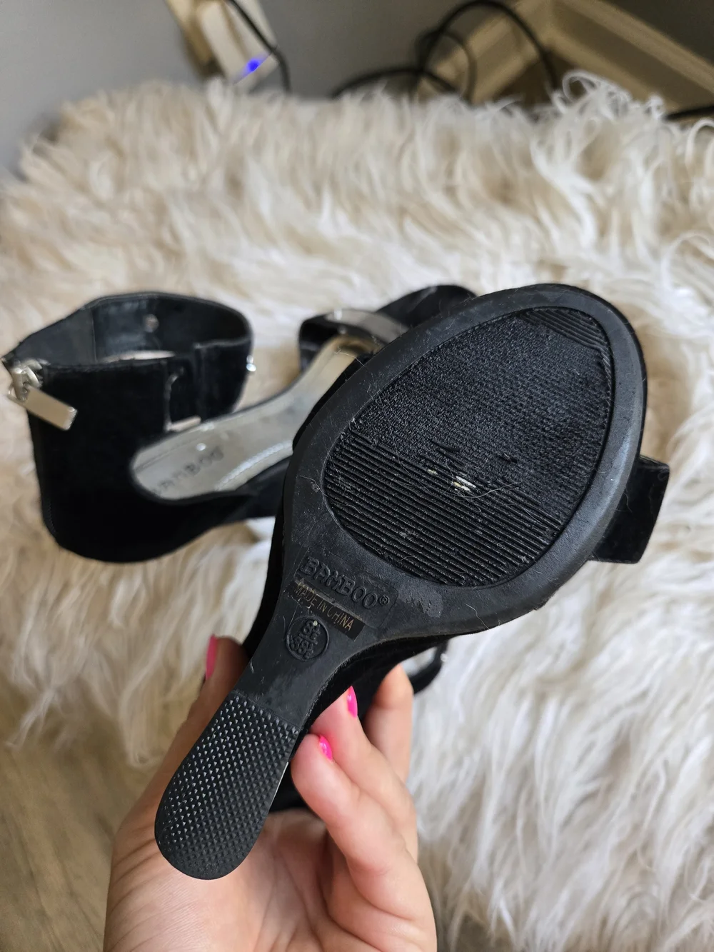 Black Suede Ankle-Strap Wedge Heels with Silver Accents